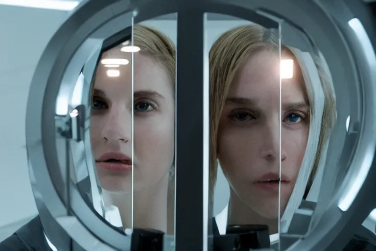 Image similar to movie closeup polar opposites, couple, researchers in a futuristic lab building inter dimensional portal machine, beautiful skin, Symmetrical faces. Beautiful lighting by Emmanuel Lubezki