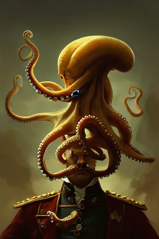 Prompt: portrait of an anthropomorphic octopus as napolean bonaparte, dramatic lighting, highly detailed, digital painting, artstation, concept art, smooth, sharp focus, illustration, art by wlop, mars ravelo and greg rutkowski