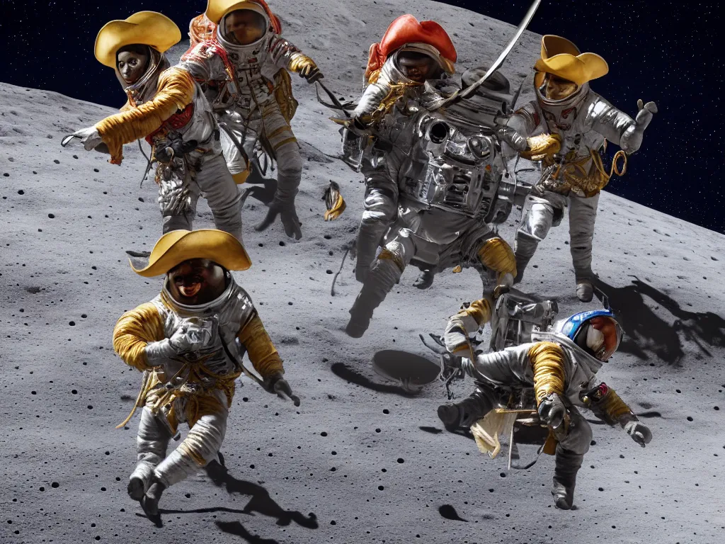 Prompt: cowboys and pirates fighting on the moon, High Definition detail, 8K, photograph