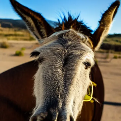 Prompt: a donkey with sunny glasses