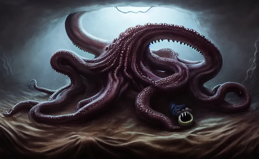Image similar to matte oil painting of a large lovecraftian tentacle creature crawling over a child's bedroom, extremely detailed, disturbing, cinematic, 4 k, 8 k