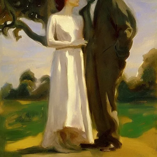 Image similar to a man and woman with tree heads watering each other, beautiful, john singer sargent style painting