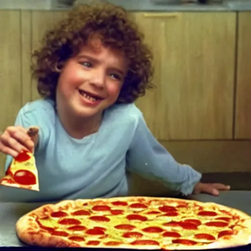 Image similar to a still from a pizza commercial, cheese stretches off a slice 1 9 8 0 s