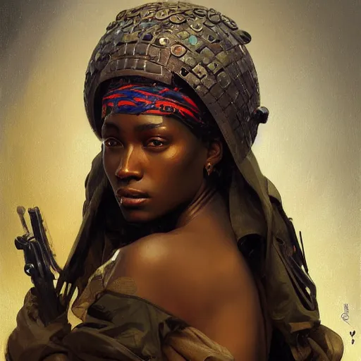 Prompt: a very beautiful african female with a military war helmet, digital painting, by greg rutkowski, wlop, alphonse mucha