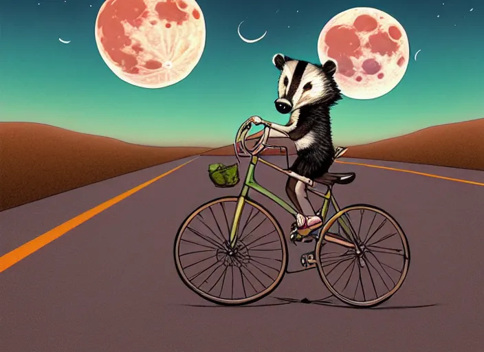 Image similar to a cell shaded cartoon badger riding a bicycle, with a big head, on a desert road, wide shot, in front of a big moon, muted colors, post grunge, josan gonzales, wlop, by james jean, victor ngai, hq, deviantart, art by artgerm