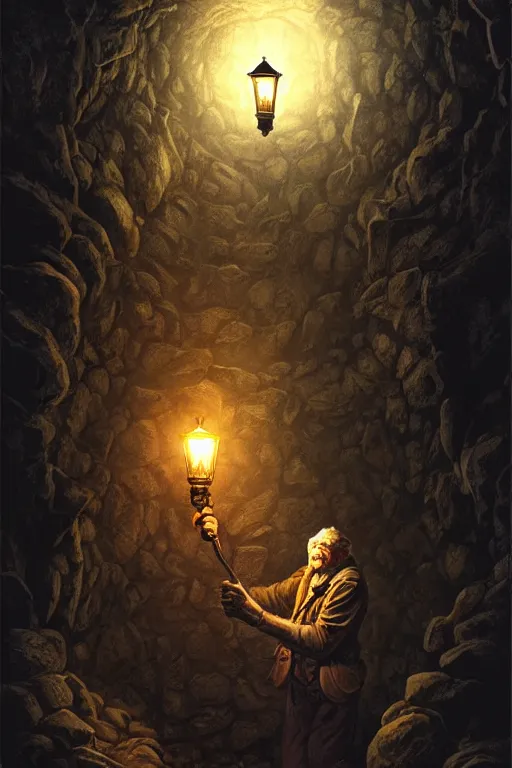 Image similar to an old - fashioned explorer with a lamp, in the dark tunnel of a monstrous spider, in the style of gerald brom, dramatic lighting, low angle, wide angle, fantasy art, highly detailed digital art