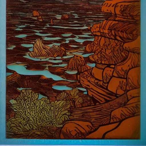 Prompt: detailed ivan bilibin and ilya kuvshinov and katsuhiro otomo inspired woodblock of ocean tidepools.