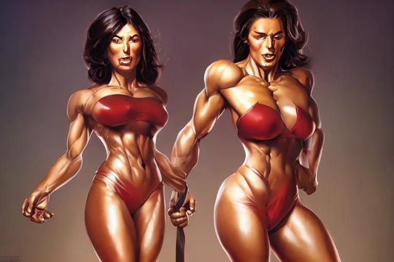 Image similar to muscular woman busting out of tight clothes that are tearing at the seams, digital painting, trending on artstation, 8 k wallpaper, frank frazetta, boris vallejo and julie bell