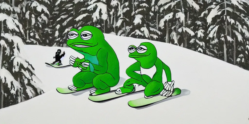 Image similar to pepe the frog snowboarding painted by gustaf cederstrom