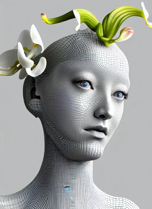 Prompt: complex 3d render ultra detailed of a beautiful porcelain profile woman face, mechanical cyborg, 150 mm, beautiful natural soft light, rim light, mechanical magnolia and ghost orchid big leaves and stems, roots, fine foliage lace, silver and gold details, ornate intricate, maze like, mesh wire hair, intricate details, hyperrealistic, ultra detailed, mandelbrot fractal, anatomical, red lips, white metal neocubism armor, facial muscles, cable wires, microchip, elegant, octane render, H.R. Giger style, 8k