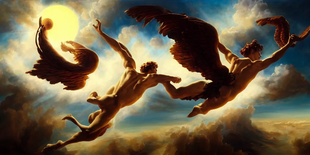 Image similar to Icarus flying too close to the sun, by Rolf Armstrong and Evelyn De Morgan and Bastien Lecouffe-Deharme, dramatic lighting, high contrast colors, baroque, empyrean, panoramic view, as trending on Artstation, highly detailed, doom engine,