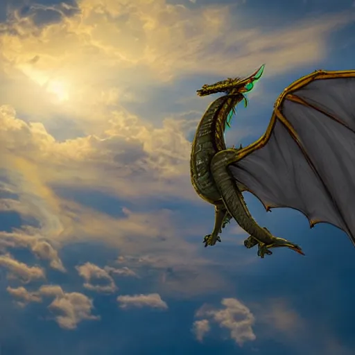 Prompt: a soaring dragon high in the sky