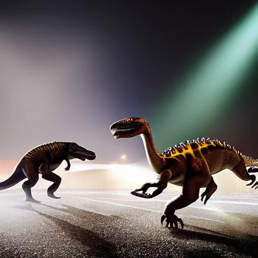 Image similar to action shot of dinosaurs playing sports while meteors streak across the sky leaving trails of fire, light fog, street lights, god rays, beautiful