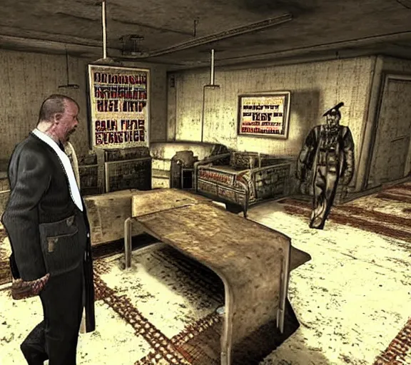 Image similar to Janusz Korwin-Mikke in the centre of a screenshot from the game Fallout: New Vegas (2010), talking to an Doc Mitchell from Fallout: New Vegas (2010)