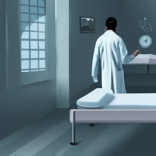 Prompt: young faceless doctor standing over a patient bed menacingly, digital art, creepypasta, dark