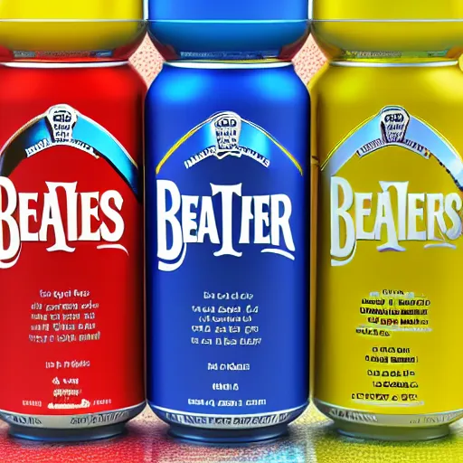 Image similar to 3d render, blender of an an advertisement for a beatles soda, with the beatles pasted on the packaging, soda bottle with a small illustration of the beatles pasted on the packaging, award winning, studio light, 4K