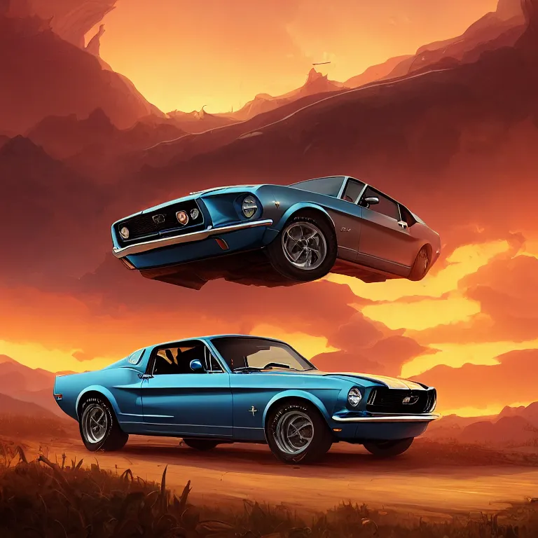 Image similar to wide view of a 1 9 6 8 mustang driving down a country road, coriolios rpg art style, full of details, warm sunset colors, matte painting, artstation, 8 k, hyperrealistic, style of peter mohrbacher, album cover