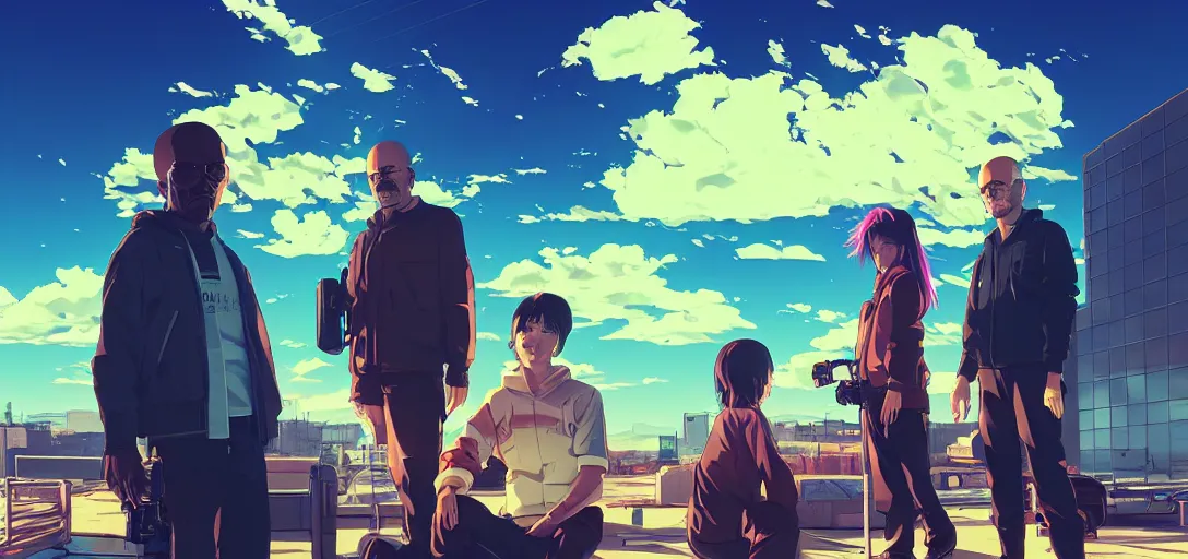 Image similar to Breaking Bad Anime Poster, flat color, synthwave, tokyo futuristic and clean, hyper realistic, straight lines 8k hdr pixiv dslr photo by Makoto Shinkai ilya kuvshinov and Wojtek Fus, digital art, concept art