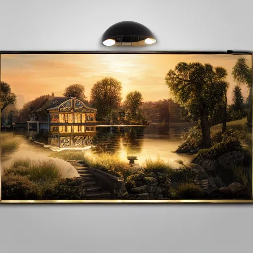 Image similar to a modern country house on the lake, golden hour, spotlight, backlight, sunlight, volumetric light, ray tracing reflections, insanely detailed and intricate, hypermaximalist, elegant, ornate, hyper realistic, super detailed