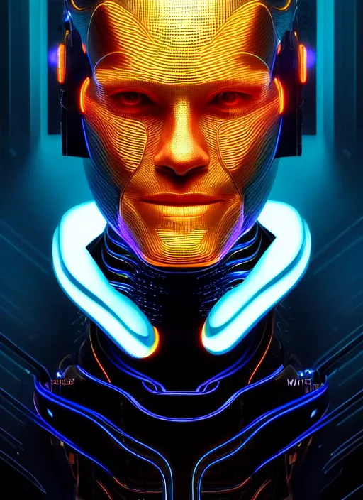 Image similar to portrait of williem dafoe cyber humanoid, intricate, elegant, cyber neon lights, highly detailed, digital painting, artstation, glamor pose, concept art, smooth, sharp focus, illustration, art by artgerm and greg rutkowski