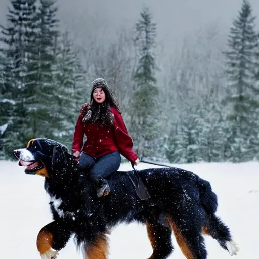 Prompt: girl riding giant Bernese Mountain Dog in the snow, trending on artstation