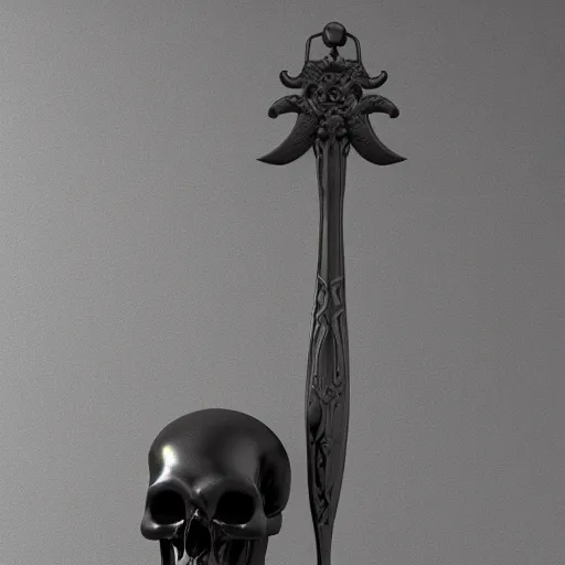 Image similar to a black sword skull handle, ornament, on a gray background, a 3 d render by dom qwek, raytracing, trending on polycount, futurism, hard surface modeling, rendered in maya, artstation hd