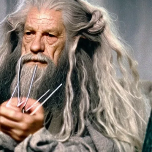 Image similar to portrait of gandalf the pink, hair ribbon, holding a blank playing card up to the camera, movie still from the lord of the rings