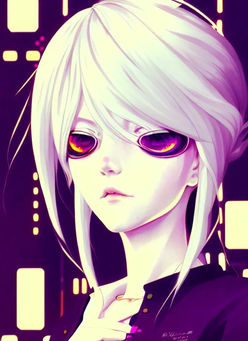 Image similar to portrait Anime girl cyberpunk, cute-fine-face, white-hair pretty face, realistic shaded Perfect face, fine details. Anime, cyberpunk. realistic shaded lighting by Ilya Kuvshinov and Gustav Klimt