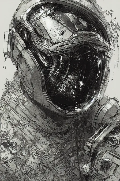 Image similar to portrait of astropunk human with helmet, pen and ink, intricate line drawings, by craig mullins, ruan jia, kentaro miura, greg rutkowski