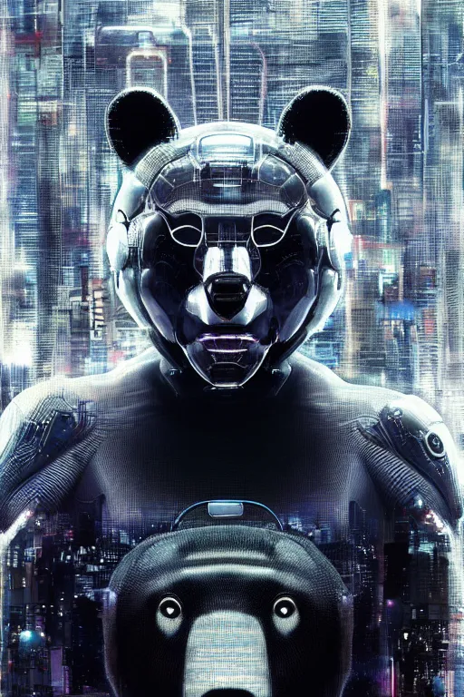 Image similar to Ghost in the shell 2017, cybernetic, android asian black bear, half robot half bear, future tech bear mask, hyperrealist highly intricate, 8K