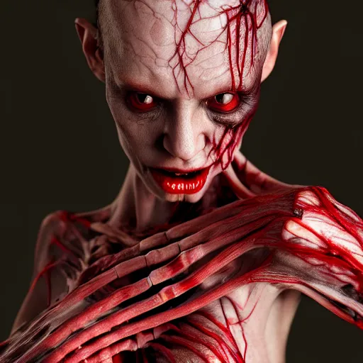 Image similar to female vampire with translucent skin, visible muscles and veins and arteries and bones and spine and nerves, beautiful detailed intricate insanely detailed octane render, 8K artistic photography, photorealistic, chiaroscuro, by David Cronenberg