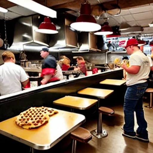 Image similar to busy wafflehouse interior with customers eating breakfast and wafflehouse employees serving food and cooking behind countertop bar