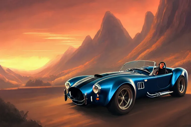 Prompt: a shelby cobra driving down a long country road, coriolios rpg art style, full of details, warm sunset colors, matte painting, artstation, 8 k, hyperrealistic, style of peter mohrbacher, album cover, extreme long shot, mountains, panoramic, wide shot