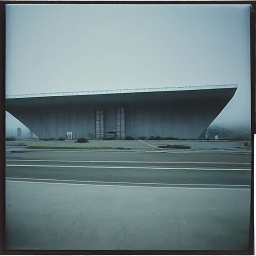 Prompt: impossibly large concrete structure, minimalist architecture, megalophobia, foggy, old polaroid, expired film,