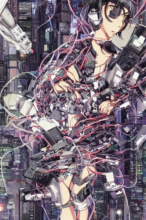 Image similar to cyberpunk anime illustration of a group of female androids lying on an empty white floor in various poses with their bodies open showing a tangled mess of wires and cables coming out, by katsuhiro otomo and masamune shirow, hyper-detailed, colorful, beautiful, bird view