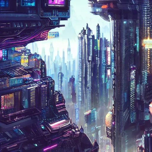 Image similar to cute cat looking down on huge cyberpunk style city, high detail, fantasy art, concept art, 4 k, ultra detail, computer art