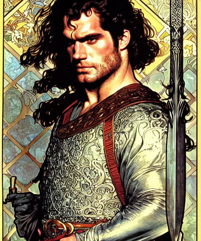 Prompt: realistic detailed head and shoulders portrait of henry cavill as king arthur by alphonse mucha, ayami kojima, amano, greg hildebrandt, and mark brooks, male, art nouveau, neo - gothic, gothic