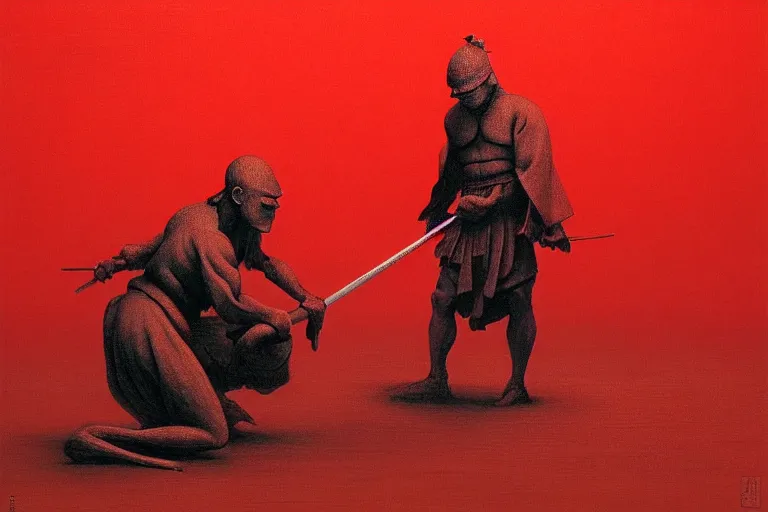 Image similar to only with red, a red samurai do seppuku, tokio, a lot of frogs watch, in the style of beksinski, parts by edward hopper, parts by rodcenko, parts by yue minjun, intricate and epic composition, red by caravaggio, insanely quality, highly detailed, masterpiece, red light, artstation, 4 k