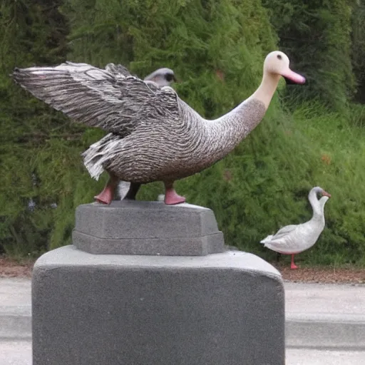 Prompt: a goose attacking a goose statue