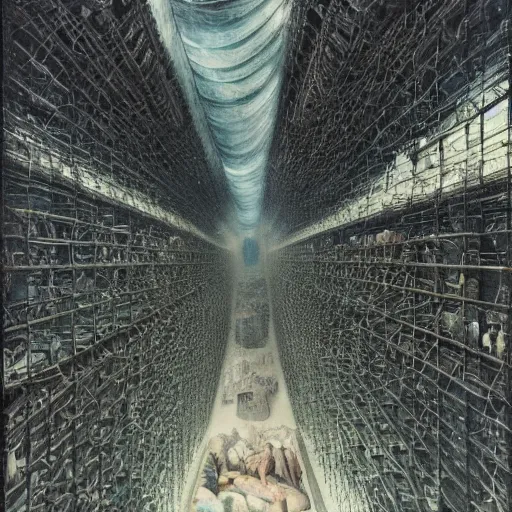 Image similar to looking down onto vast, cold cavern ::3 one majestic Tower of Babel made of twisted machinery reaching from floor to ceiling, wreathed with wires and balconies, wider at the top than the bottom, upside-down, center frame, with blue, pale green, and white lights, by Bruegel and H.R. Giger ::5 lights of an oil refinery at base of tower ::2 harsh framing light from spotlights on the ground ::2 painting of industrial city by Bruegel, Carvaggio, Piranesi, H.R. Giger and Bosch