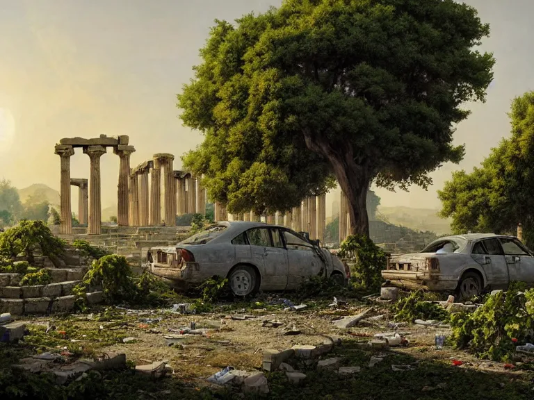 Image similar to tree growing in ancient greek ruins, gray wasteland, many scrap cars, plastic waste, rubble, pillars, flowers, vines, hyperrealistic, highly detailed, cinematic, single ray of golden sunlight, beautiful, cgssociety, artstation, 8 k, oil painting by greg rutkowski, by artgerm, by wlop