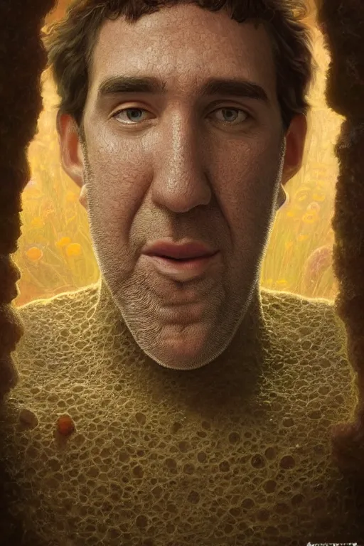 Image similar to photorealistic portrait photograph of stephen hillenburg as a complex sponge structure, upper body, fantasy, handsome, depth of field, soft focus, highly detailed, intricate, realistic, national geographic cover, soft glow, textured, artstation, concept art, sharp focus, illustration, art by artgerm and greg rutkowski and alphonse mucha