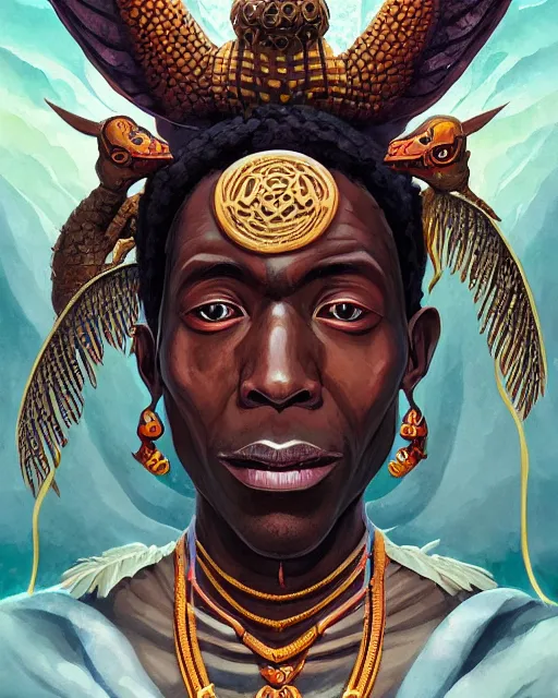 Image similar to ogbnabali, a shinigami wizard of ancient igbo with a crocodile head and bird wings. noble bearing. award winning ornate symmetry matte portrait, artgerm, rhads watercolor, serenity