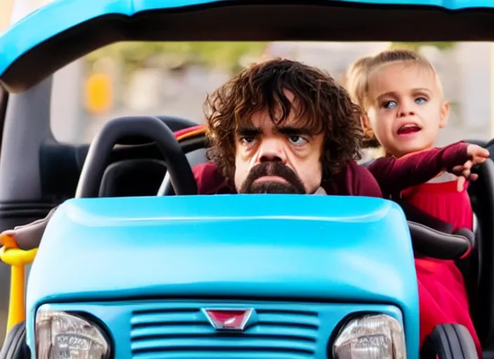 Prompt: peter dinklage and salma hayek driving a little tikes cozy coupe, movie still, from the new fast and furious, 8 k, realistic