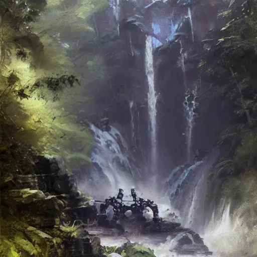 Image similar to Gargantuan stone robot resting in front of a waterfall inside a forest, oil painting, by Greg Rutkowski