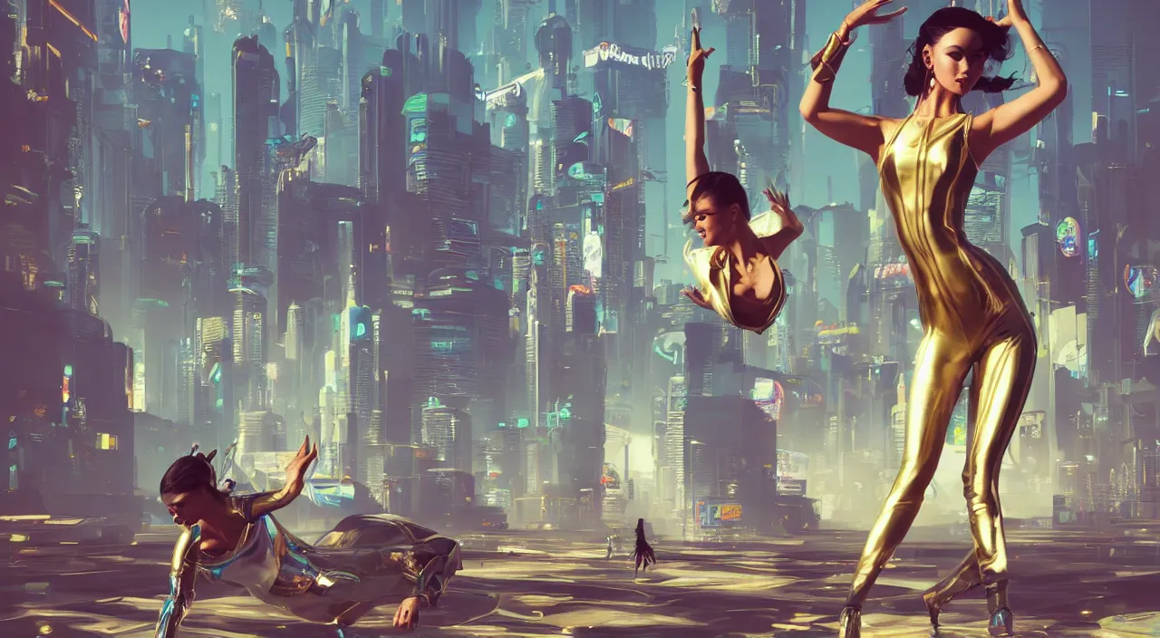 Image similar to a dancer with futuristic clothes dances in a swirling wind by john philip falter, style of cyberpunk 2 0 7 7, trending on artstation