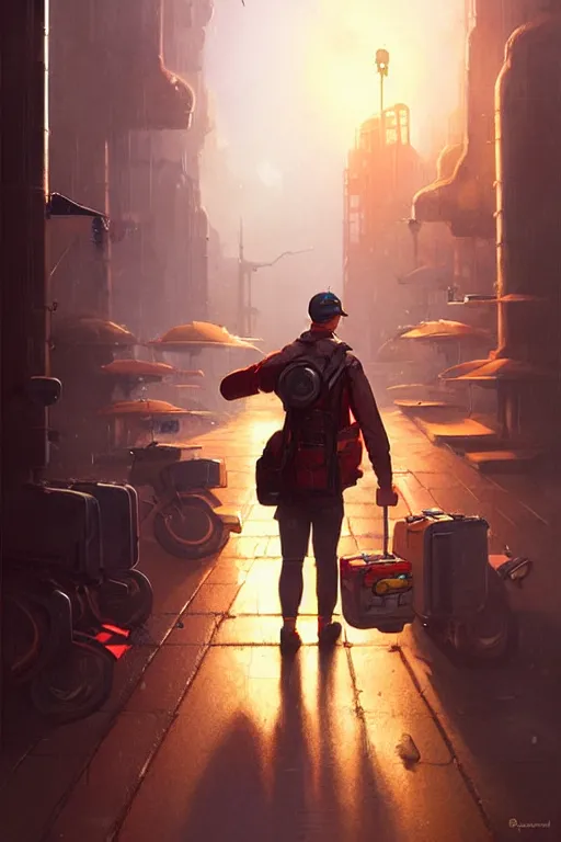 Image similar to greg rutkowski travel poster science fiction pizza delivery man