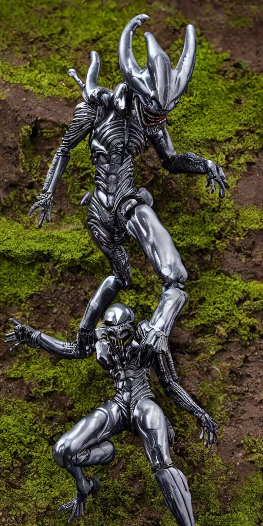 Prompt: bootleg figure of a plastic platinum xenomorph diorama crushed on the ground surrounded of dirt and moss secondhand, dramatic airbrush stormcloud, mcfarlane, figma, cursed photography, middle view