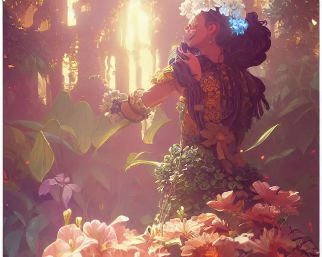 Image similar to asunflower garden, photography of kurzgesagt, deep focus, d & d, fantasy, intricate, elegant, highly detailed, digital painting, artstation, concept art, matte, sharp focus, illustration, hearthstone, art by artgerm and greg rutkowski and alphonse mucha