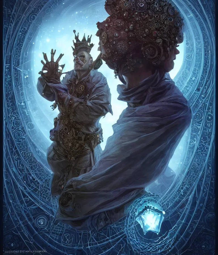 Image similar to front!!! shot of a court jester!!! character, hyperdimensional, bioluminescent hypercubes, dark holography!!!, future, chrome, (((intricate))), elegant, highly detailed, centered, (((artstation, concept art, smooth, sharp focus, artgerm, Tomasz Alen Kopera, Peter Mohrbacher, donato giancola, Joseph Christian Leyendecker, WLOP, Boris Vallejo))), ((raytracing)), mugshot!!!!!, ugly!!!!!!, octane render, nvidia raytracing demo, octane render, nvidia raytracing demo, octane render, nvidia raytracing demo, grainy, muted, 8K, digitalblasphemy, metatron